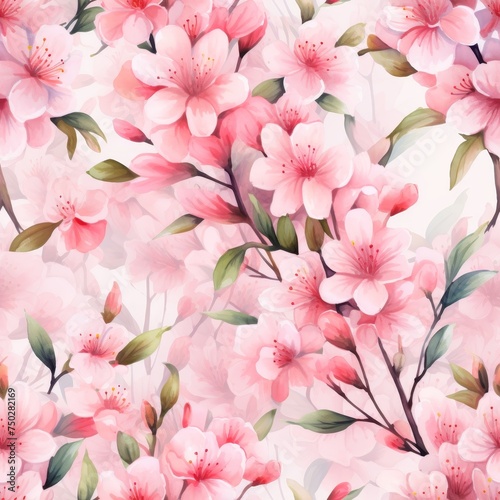 Delicate pink cherry blossoms with vibrant green leaves, creating a seamless and enchanting floral seamless pattern, suitable for fabric, wallpaper, surface design projects