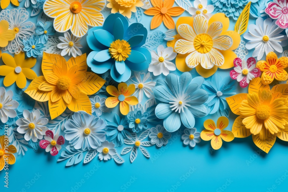 Fototapeta premium Paper Flower Collection on Blue Background. Handmade Flowers in Various Shades, Ideal for Crafting, Scrapbooking, and Design Projects. Add Color to Your Creations with These Floral Embellishments.