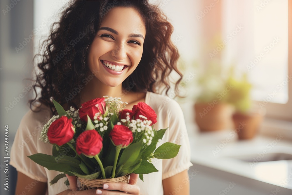A radiant young woman with curly hair joyfully holds a bouquet of red roses. Her eyes sparkle with happiness against a dreamy background, exuding elegance and romance.