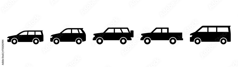 Multipurpose passenger vehicle icons. Station wagon, SUV, cross country vehicle, pickup truck, and minivan.