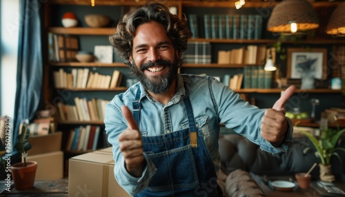 Cheerful mover in work coveralls giving thumbs up in new home living room with cardboard box