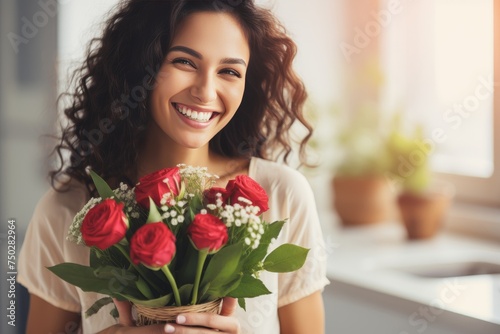 Wallpaper Mural A radiant young woman with curly hair joyfully holds a bouquet of red roses. Her eyes sparkle with happiness against a dreamy background, exuding elegance and romance. Torontodigital.ca