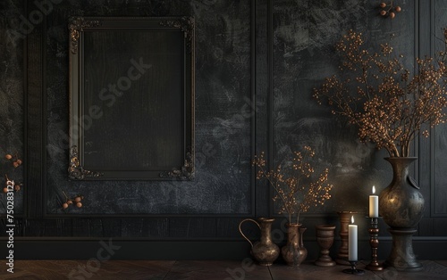 Frame photo poster abandoned house on a dark wall background. Halloween theme. copy text space.