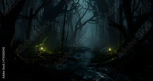 a stream in a dark forest with two lights shining