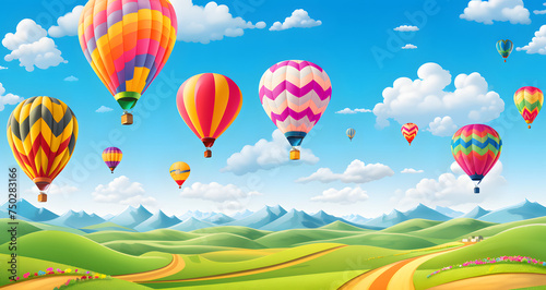 a colorful background with many balloons flying over the hills