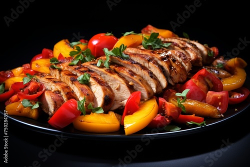 Grilled Chicken Breast with Roasted Vegetables on Black Plate, Delicious and Healthy Meal Balanced with Protein and Nutrients, Ideal for a Nutritious Lunch or Dinner Option.