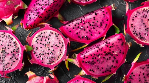 Dragonfruit on wooden table. Rustic tabletop with dragonfruit. Top view