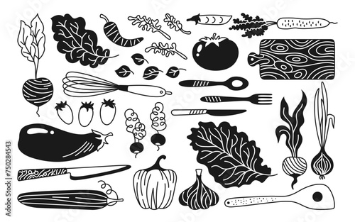 Vegetables and kitchen utensils cartoon funny set. Hand drawn healthy baby vegetable carrot, cucumber, lettuce pepper or onion garlic etc. Stylized glyph vegetarian childish menu simple vector