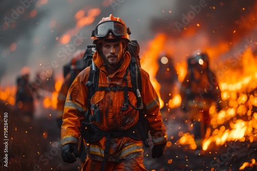 Intense depiction of a firefighter in full gear confronting a roaring fire with a background of flames © familymedia