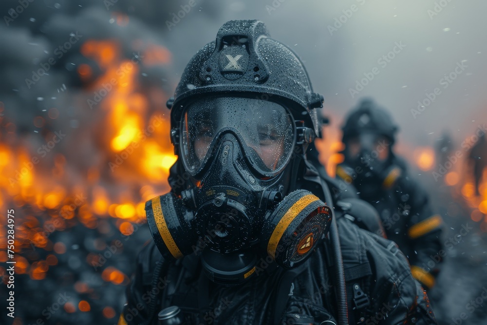 A firefighter in protective gear stands poised against a dramatic backdrop of intense flames and smoke