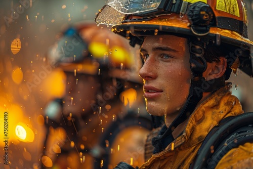 Thoughtful firefighter gazing afar with fire and water drops around photo