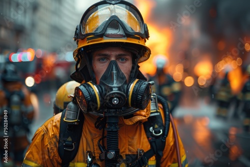 Brave firefighter wearing full protective mask in a smoke-filled environment © familymedia
