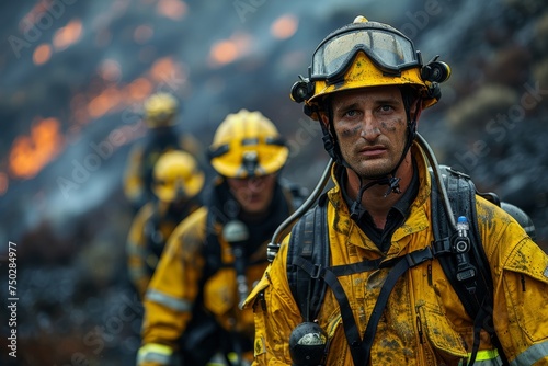 Serious firefighter with soot-covered face against a backdrop of a fire mission