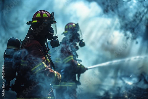 Two firefighters are seen working tirelessly in hazy conditions to extinguish a fierce fire