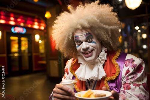 A mysterious clown with a disheveled white afro wig and black-painted eyes stands in a dimly lit room holding a silver plate of enigmatic food, surrounded by shadows.