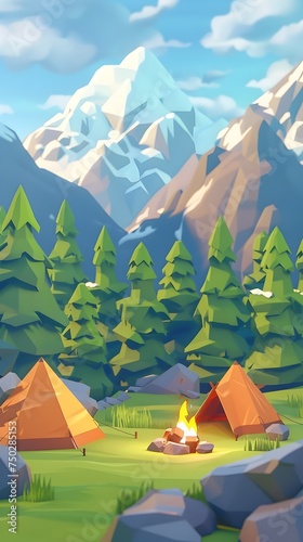 An illustrated low poly landscape of a campfire scene with tents settled in mountains and grassy desert
