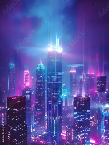 A modern city skyline is lit up by the glow of neon lights at night creating a striking and futuristic scene in digital fantasy landscapes style