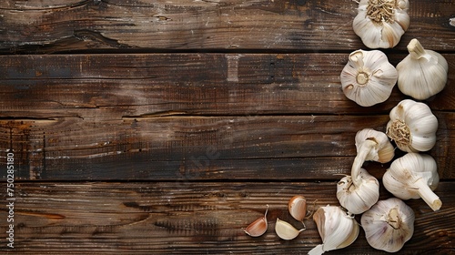 Garlic on wooden table. Rustic tabletop with garlic. Top view