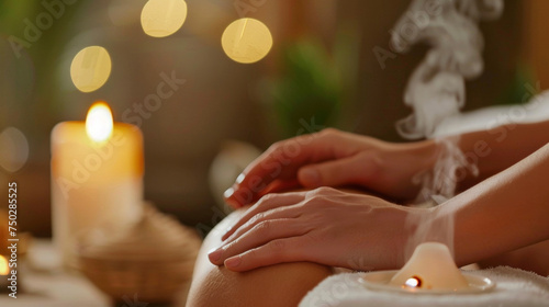 A shot of a persons hand gently massaging an essential oil onto their chest with a diffuser emitting a soothing aroma in the background.