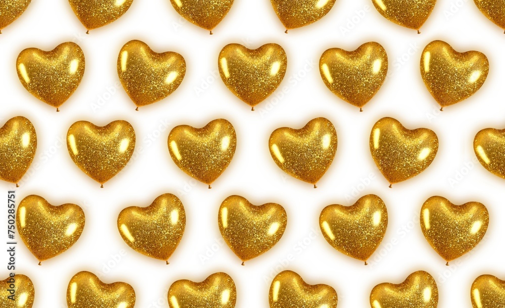Golden shimmer balloons heart shaped seamless pattern on white background isolated. AI graphic.