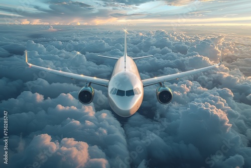 Frontal view of a white airplane approaching amidst a scenic cloudy sky, depicting the allure of modern travel