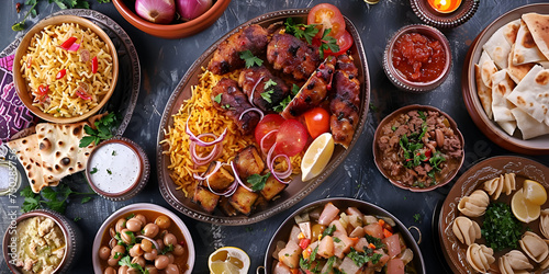  Ramadan Kareem iftar party table with assorted festive traditional Arab dishes  sweets  dates. Eid al-fitr Mubarak evening grand meal  top view. Islamic food  Ramadan feast  Beautiful religion of Isl