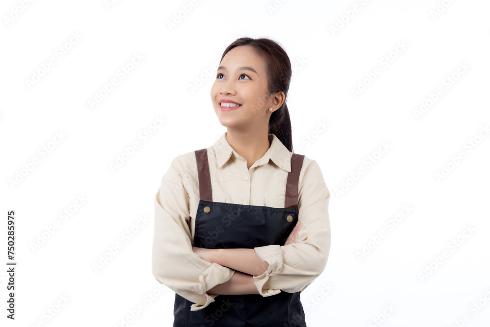 Portrait young asian barista woman wearing apron standing and smile isolated white background, waitress or entrepreneur cheerful, small business or startup, waiter of cafe or coffee shop. Portrait young asian barista woman wearing apron standing and smile isolated white background, waitress or entrepreneur cheerful, small business or startup, waiter of cafe or coffee shop.