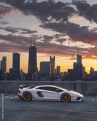 white Supercar on Downtown Rooftops