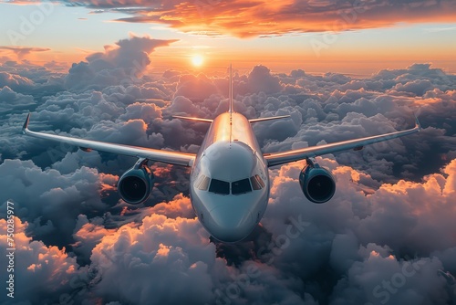 The head-on view of an airplane with the sunset behind the clouds, emphasizing the grandeur of flying