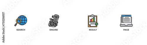 SERP banner web icon vector illustration concept for search engine result page with icon of web search, computer, search engine, mobile search, page result, and statistics graph