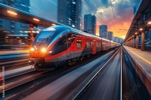 A sleek modern train speeds along tracks during a colorful city sunset, emphasizing motion and urban transportation photo
