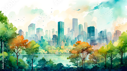 city ​​painted in watercolor, city with nature #750286349