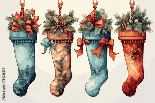Collection of elements for new year design. Christmas socks, mittens, poinsettia, borders, bouquets. All elements are isolated. 