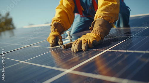 close-up of solar panel maintenance with technician