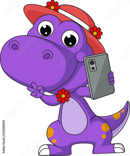 Cute little dinosaur cartoon taking selfie with phone