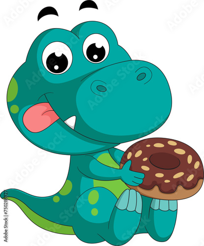 Cute little dinosaur cartoon with donut