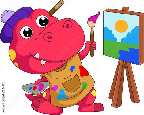 Cute little dinosaur cartoon painting on canvas