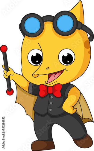 Cute little dinosaur cartoon wearing magician costume