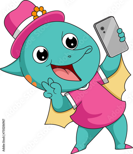 Cute little dinosaur cartoon taking selfie with phone