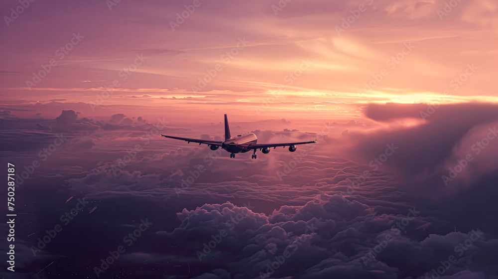 Fototapeta premium A plane is flying through the sky with a beautiful sunset in the background. Concept of freedom and adventure, as the plane soars through the clouds and the sky turns a warm, orange hue
