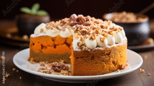 Spiced pumpkin cake with streusel topping isolated on a white background