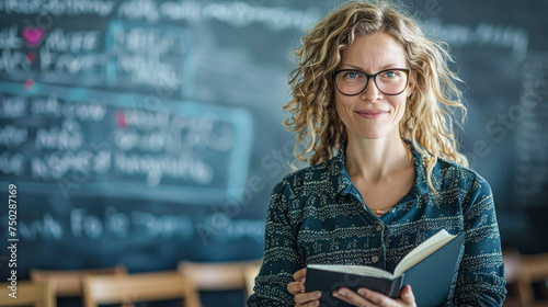 A woman with curly hair is smiling and holding a book. She is standing in front of a chalkboard with writing on it