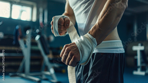 A man is preparing to wrap his hands with boxing gloves. Concept of determination and focus as the man prepares for a workout or a boxing match. The blue background adds a sense of calmness