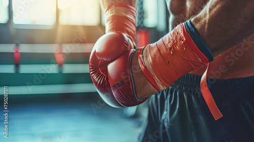A man wearing boxing gloves and shorts is holding a red glove. The gloves are torn and the man's arm is visible. Concept of determination and focus, as the man prepares for a boxing match © Kowit