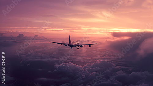 A plane is flying through the sky with a beautiful sunset in the background. Concept of freedom and adventure, as the plane soars through the clouds and the sky turns a warm, orange hue
