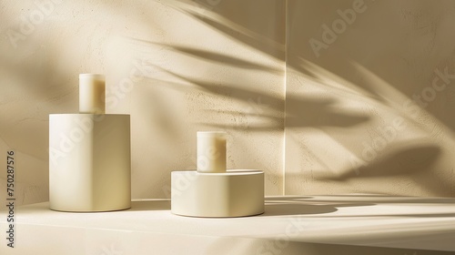 Chic Staging on Cream Matte Podiums with Arch Sunlight for Elegant Displays