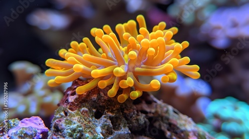  a close up of a sea anemone on a rock with other sea anemones in the background and a blue sea in the foreground of the picture.