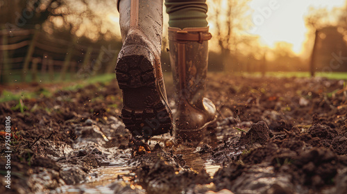 A person is walking through a muddy field with their boots in the mud