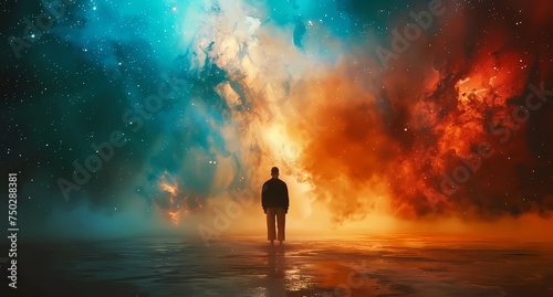 a person standing in front of a colorful blue and orange space photo