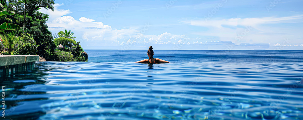 A woman is swimming in a pool with a beautiful view of the ocean. The water is calm and clear, and the sky is blue and cloudless. Concept of relaxation and tranquility